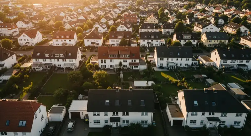 Aerial drone view of typical German residential neighborhood with mixed roof types, red and dark roof tiles, gardens visible, sunny day