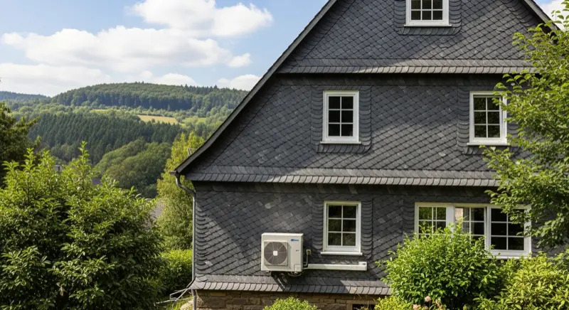 Wärmepumpe vor einem Wuppertaler Einfamilienhaus im Bergischen Land, moderne Luft-Wasser-Wärmepumpe im Garten mit grünen Hügeln