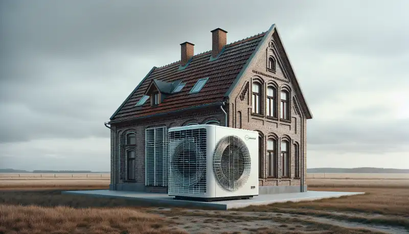 Krefelder Altbau mit Backsteinwand und moderner Wärmepumpe an der Seite