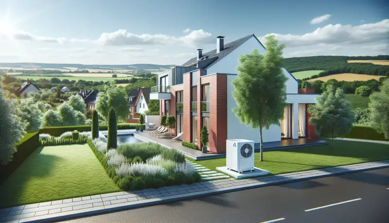 Wärmepumpe an einem Krefelder Einfamilienhaus mit typischer Niederrhein-Landschaft