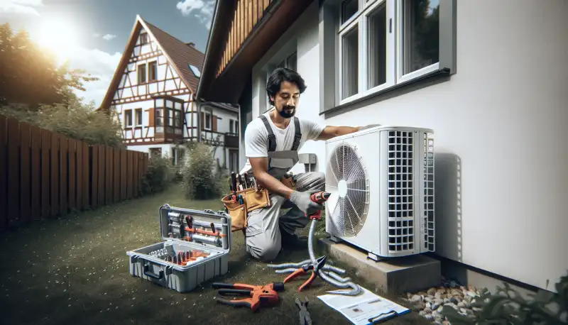Fachinstallateur bei der Montage einer Wärmepumpe