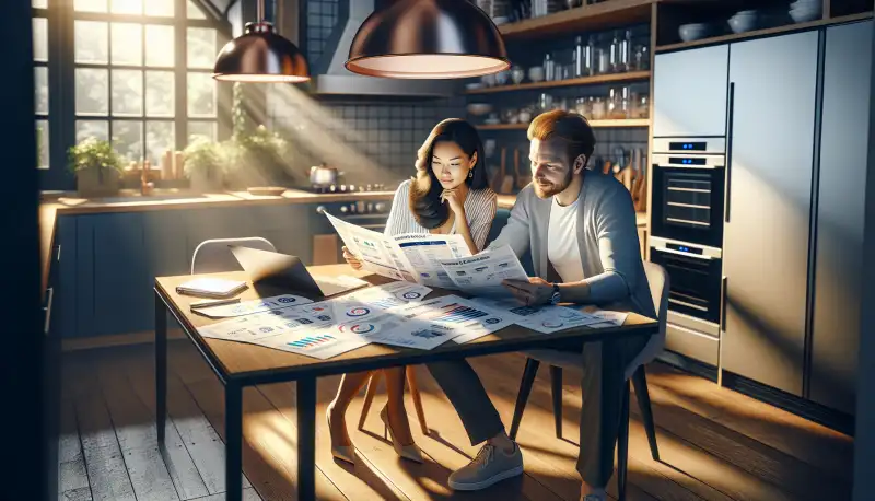 Paar bei der Kaufberatung für eine Wärmepumpe, Unterlagen auf dem Tisch