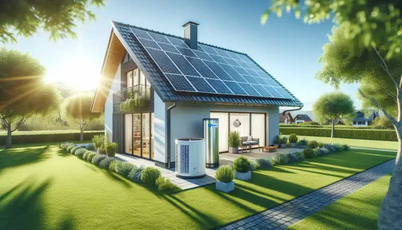 Einfamilienhaus mit Solaranlage auf dem Dach und Wärmepumpe im Garten