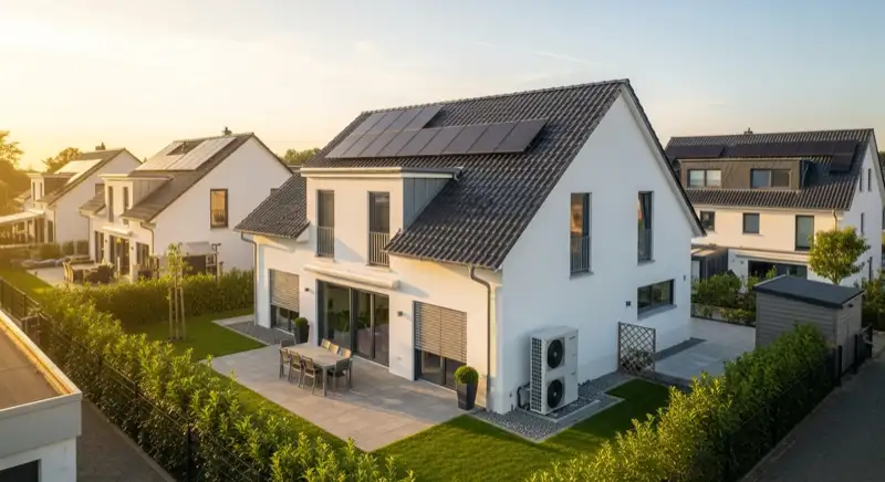 Modernes Einfamilienhaus in Krefeld mit Wärmepumpen-Außengerät im gepflegten Vorgarten