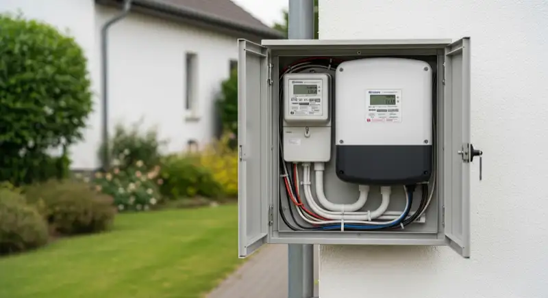 Modern German electrical meter cabinet (Zählerschrank) with smart meter and solar inverter connection, clean technical installation