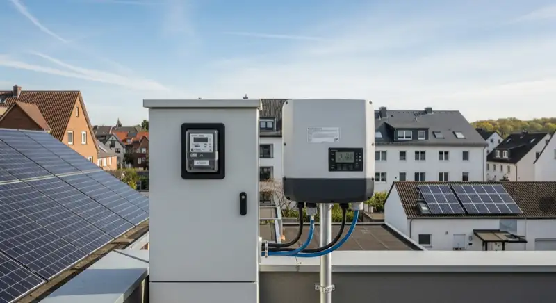 Modern German electrical meter cabinet (Zählerschrank) with smart meter and solar inverter connection, clean technical installation