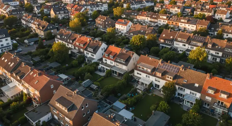 Aerial drone view of typical German residential neighborhood with mixed roof types, red and dark roof tiles, gardens visible, sunny day