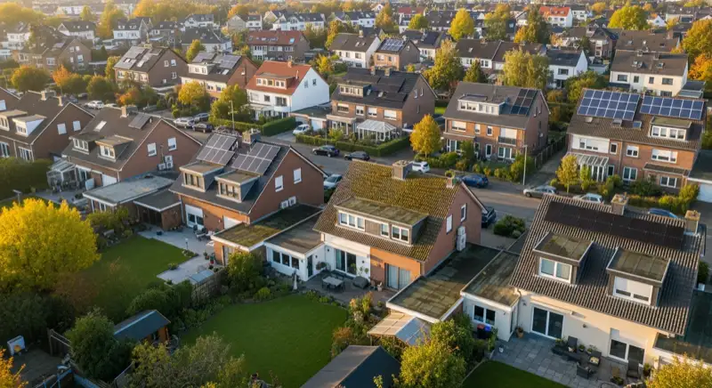 Aerial drone view of typical German residential neighborhood with mixed roof types, red and dark roof tiles, gardens visible, sunny day