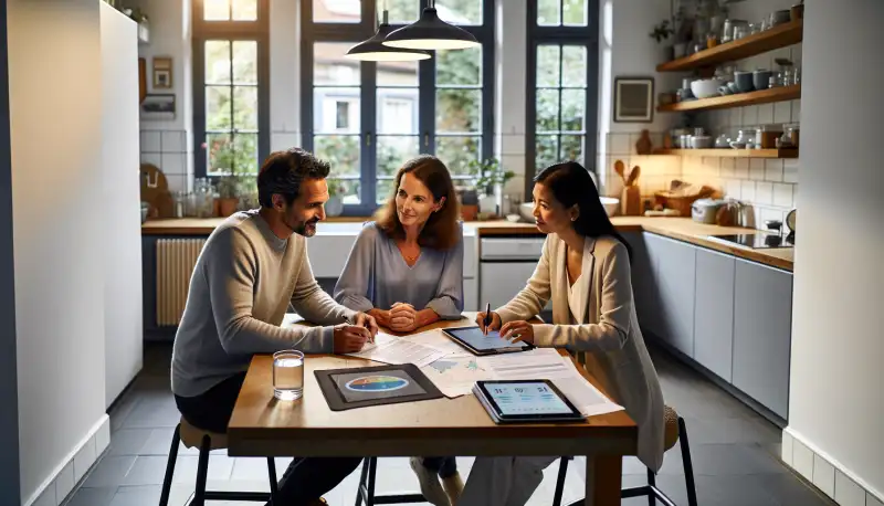 Energieberater im Gespräch mit Hausbesitzern bei der Wärmepumpen-Planung