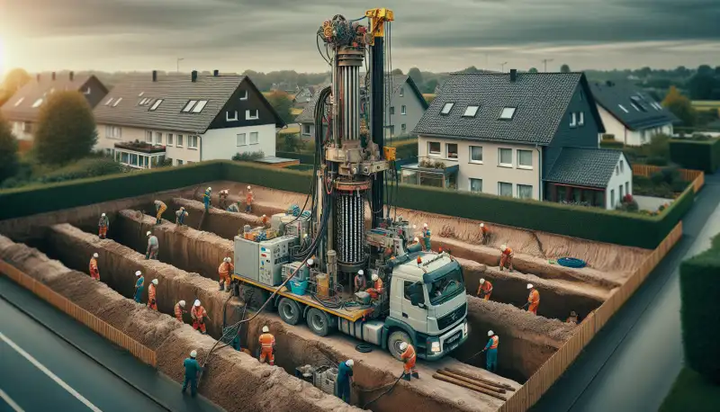 Erdwärmebohrung am Niederrhein mit Bohrgerät auf einem Wohngrundstück