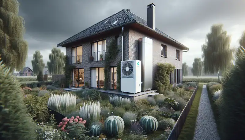 Moderne Luft-Wasser-Wärmepumpe vor einem Einfamilienhaus in Krefeld am Niederrhein