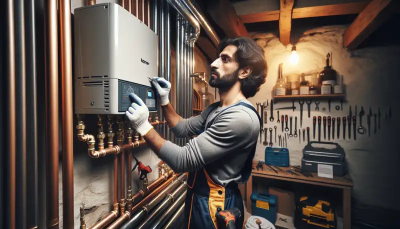 Fachhandwerker bei der Installation einer Wärmepumpe im Technikraum