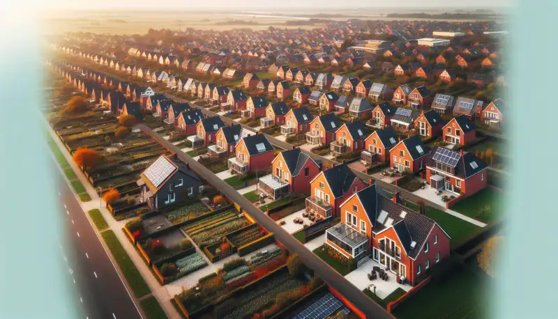 Typische Wohnsiedlung am Niederrhein mit Einfamilienhäusern und flacher Landschaft