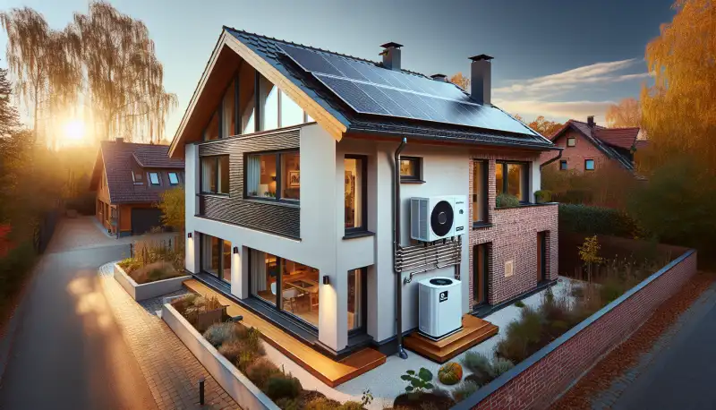 Einfamilienhaus mit Solaranlage auf dem Dach und Wärmepumpe an der Hauswand