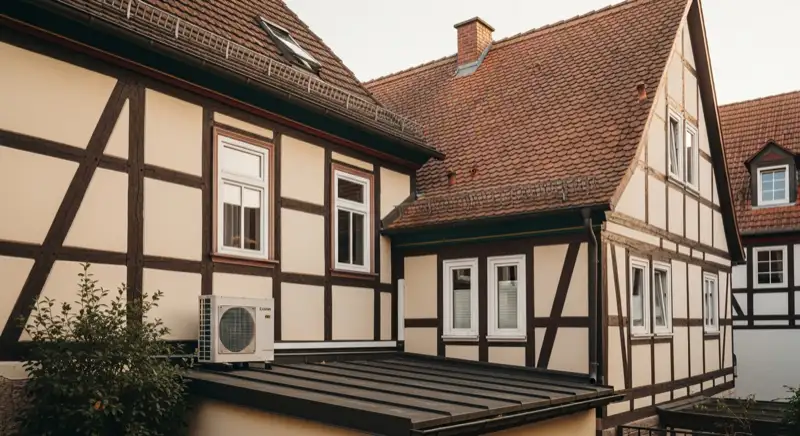 Älteres Fachwerkhaus im alten Ortskern von Alt-Laatzen mit diskret platzierter Wärmepumpen-Außeneinheit