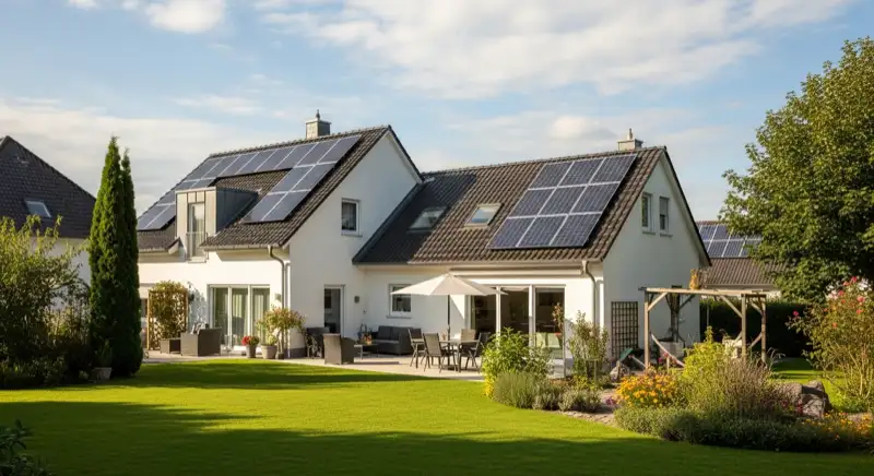 German detached house (Einfamilienhaus) with photovoltaic panels on pitched roof, well-maintained garden, warm afternoon sunlight