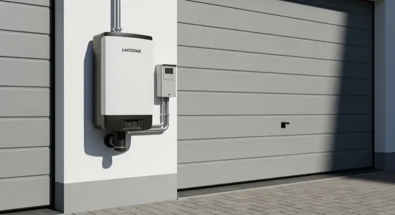 Modern solar inverter mounted on garage wall next to electrical panel, clean professional installation, natural daylight