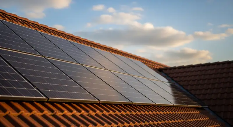 Close-up of photovoltaic solar panels installed on a traditional German Satteldach (gabled roof), blue sky with some clouds
