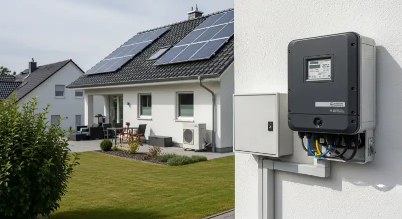Modern German electrical meter cabinet (Zählerschrank) with smart meter and solar inverter connection, clean technical installation