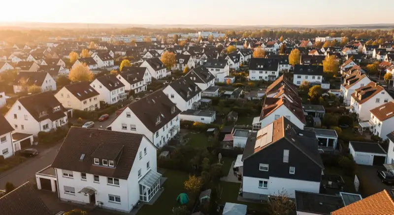 Aerial drone view of typical German residential neighborhood with mixed roof types, red and dark roof tiles, gardens visible, sunny day