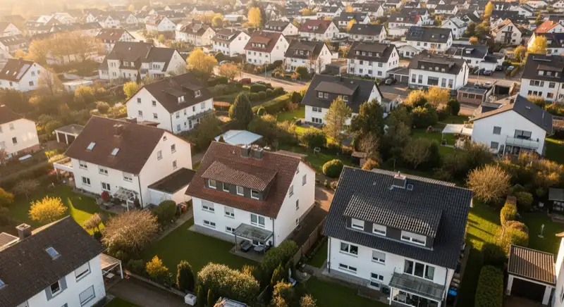 Aerial drone view of typical German residential neighborhood with mixed roof types, red and dark roof tiles, gardens visible, sunny day