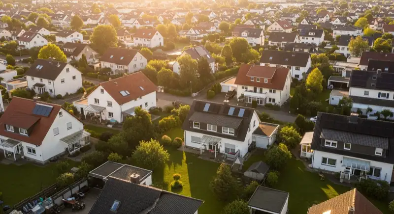 Aerial drone view of typical German residential neighborhood with mixed roof types, red and dark roof tiles, gardens visible, sunny day