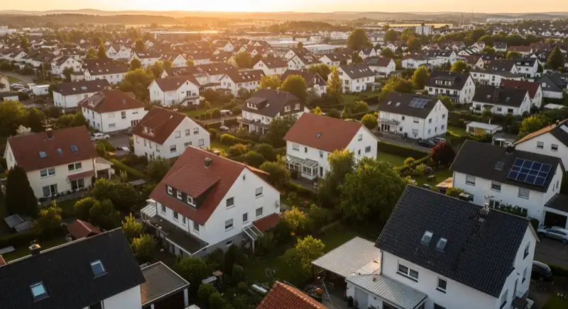 Aerial drone view of typical German residential neighborhood with mixed roof types, red and dark roof tiles, gardens visible, sunny day