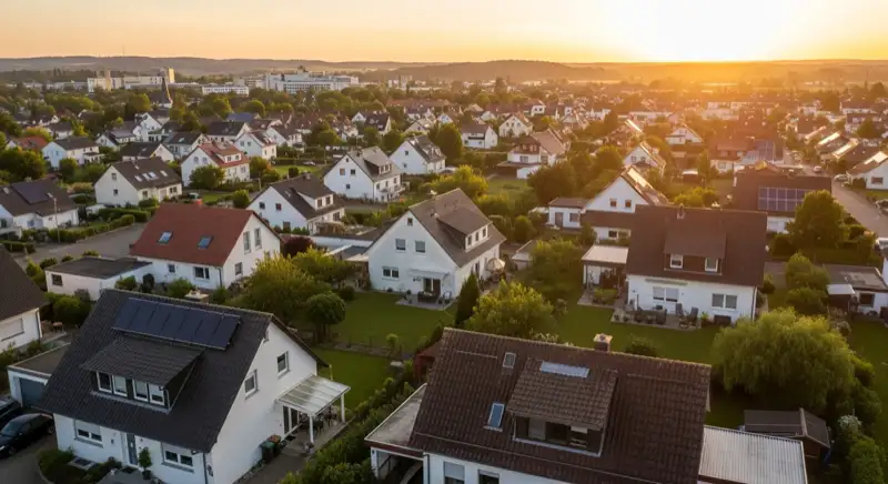 Aerial drone view of typical German residential neighborhood with mixed roof types, red and dark roof tiles, gardens visible, sunny day
