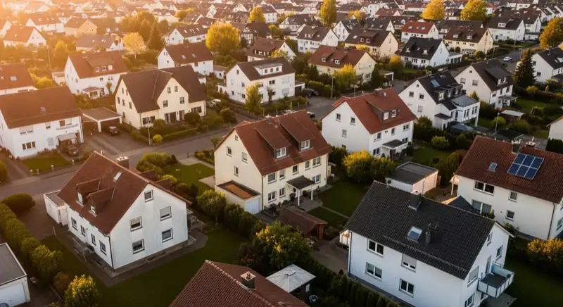Aerial drone view of typical German residential neighborhood with mixed roof types, red and dark roof tiles, gardens visible, sunny day