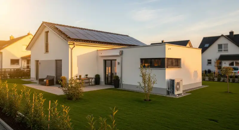 Modernes Einfamilienhaus in Landau mit PV-Anlage auf dem Dach und Wärmepumpen-Außeneinheit im Garten