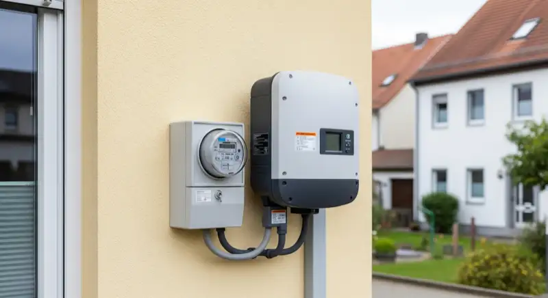 Modern German electrical meter cabinet (Zählerschrank) with smart meter and solar inverter connection, clean technical installation