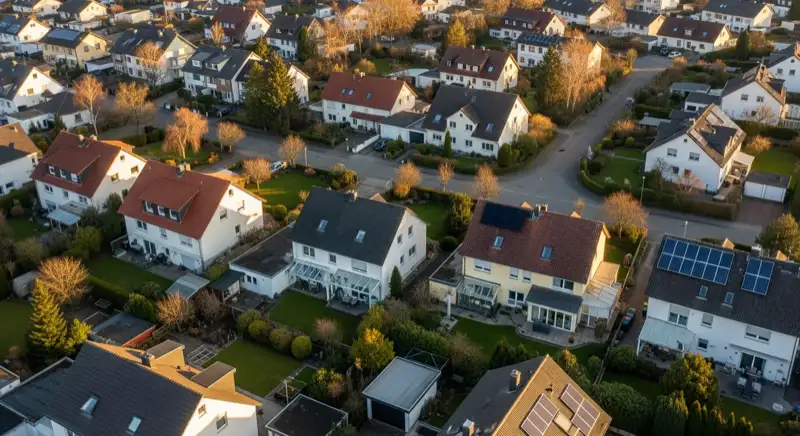 Aerial drone view of typical German residential neighborhood with mixed roof types, red and dark roof tiles, gardens visible, sunny day