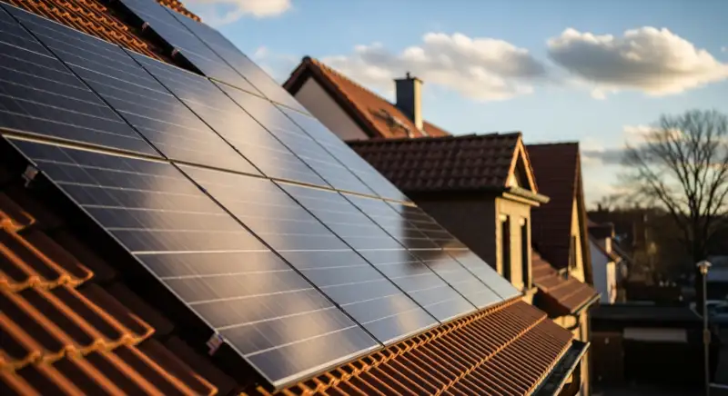 Close-up of photovoltaic solar panels installed on a traditional German Satteldach (gabled roof), blue sky with some clouds
