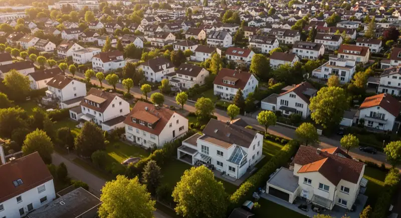 Wohngebiete in Landshut mit verschiedenen Bauformen, typische Einfamilienhäuser und Dachstrukturen aus der Luft