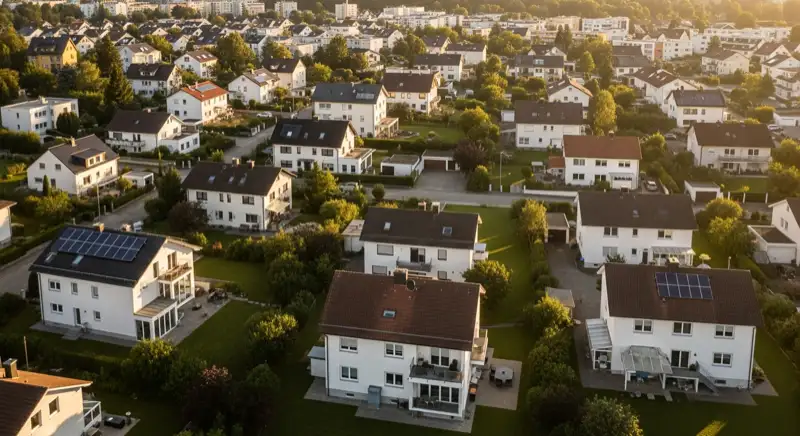 Wohngebiete in Landshut mit verschiedenen Bauformen, typische Einfamilienhäuser und Dachstrukturen aus der Luft