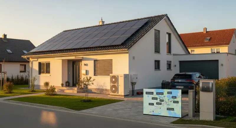 Modernes Einfamilienhaus in Landshut mit Solaranlage auf dem Dach, Wärmepumpe im Garten und Wallbox für Elektroauto