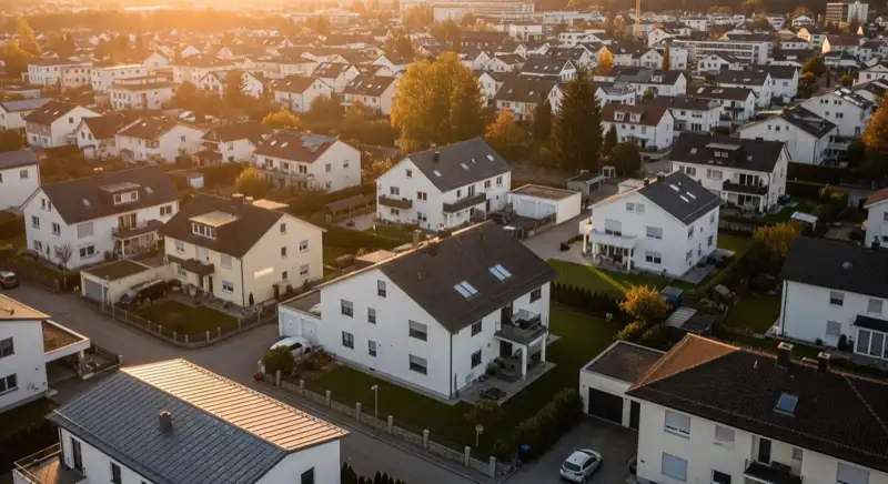 Wohngebiete in Landshut mit verschiedenen Bauformen, typische Einfamilienhäuser und Dachstrukturen aus der Luft