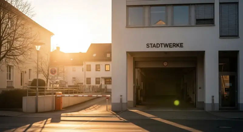 Blick auf das Stadtwerke-Gebäude in Landshut mit Service-Eingang, lokale Versorgeratmosphäre