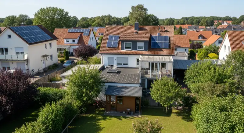 German detached house (Einfamilienhaus) with photovoltaic panels on pitched roof, well-maintained garden, warm afternoon sunlight