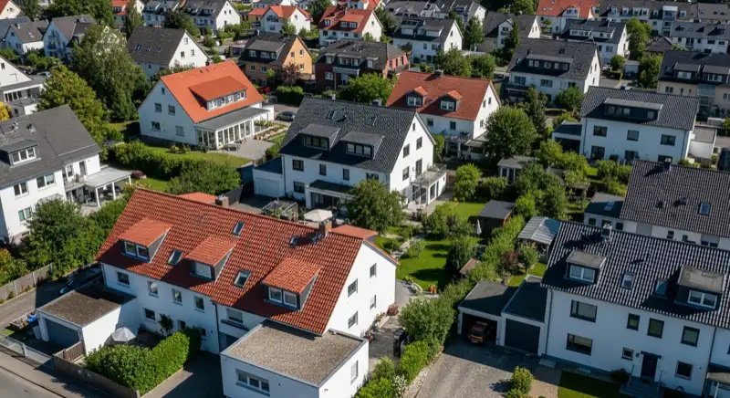Aerial drone view of typical German residential neighborhood with mixed roof types, red and dark roof tiles, gardens visible, sunny day