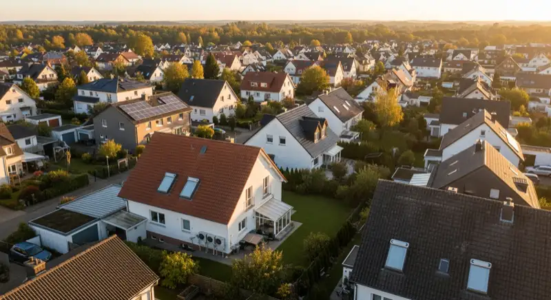 Aerial drone view of typical German residential neighborhood with mixed roof types, red and dark roof tiles, gardens visible, sunny day