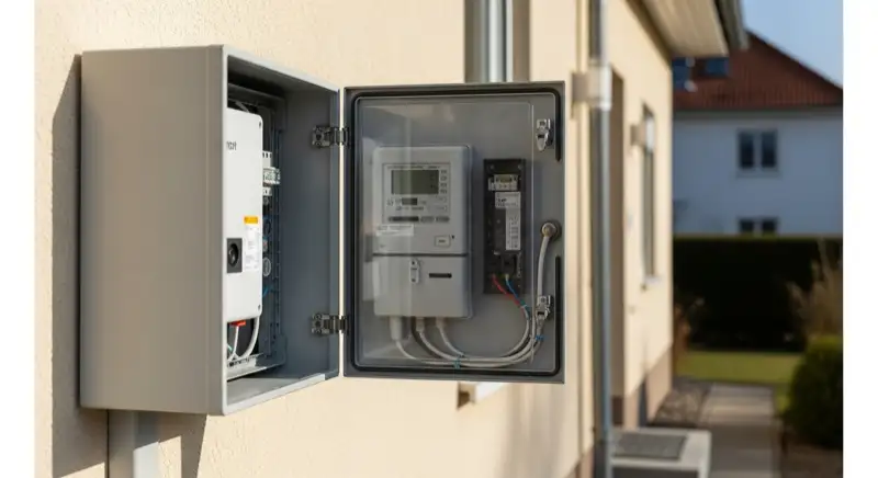 Modern German electrical meter cabinet (Zählerschrank) with smart meter and solar inverter connection, clean technical installation