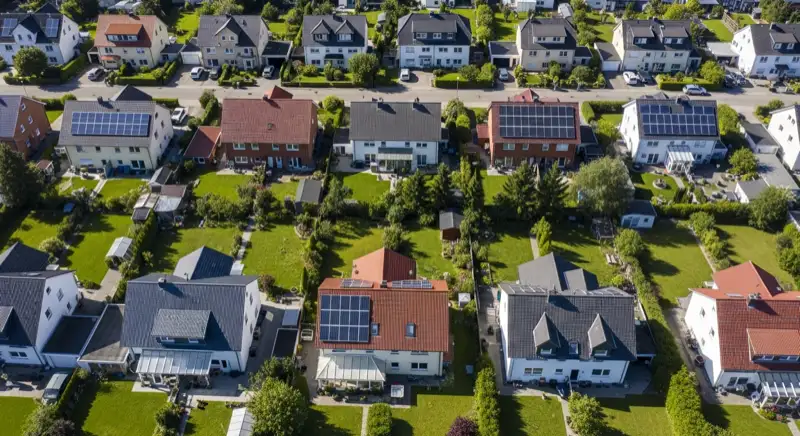 Aerial drone view of typical German residential neighborhood with mixed roof types, red and dark roof tiles, gardens visible, sunny day