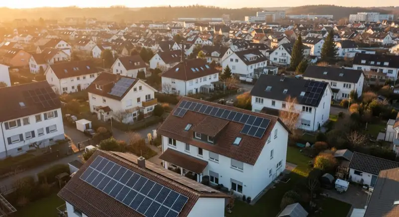 Aerial drone view of typical German residential neighborhood with mixed roof types, red and dark roof tiles, gardens visible, sunny day