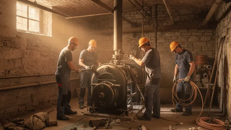 Alte Gasheizung im Keller eines Leipziger Altbaus wird gegen Wärmepumpe getauscht