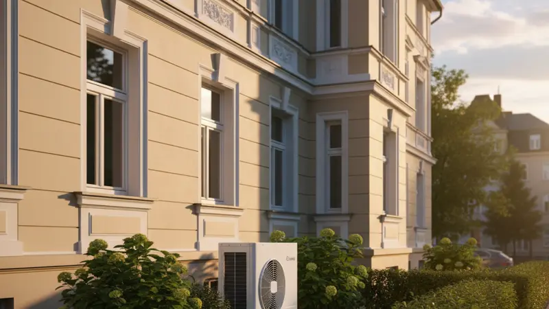 Moderne Luft-Wärmepumpe vor einem Leipziger Gründerzeit-Altbau mit sanierter Fassade