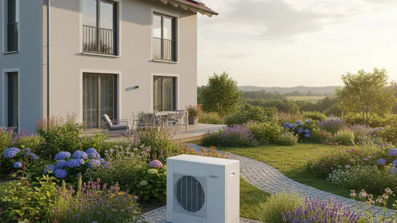 Luft-Wasser-Wärmepumpe im Garten eines Leipziger Einfamilienhauses