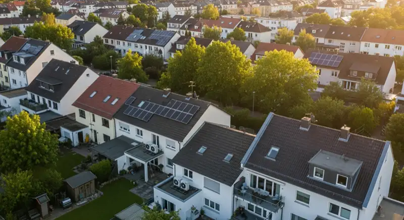 Aerial drone view of typical German residential neighborhood with mixed roof types, red and dark roof tiles, gardens visible, sunny day
