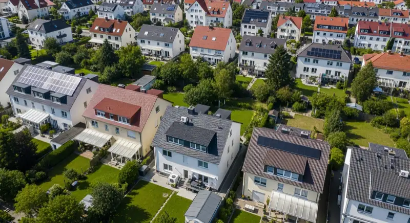 Aerial drone view of typical German residential neighborhood with mixed roof types, red and dark roof tiles, gardens visible, sunny day