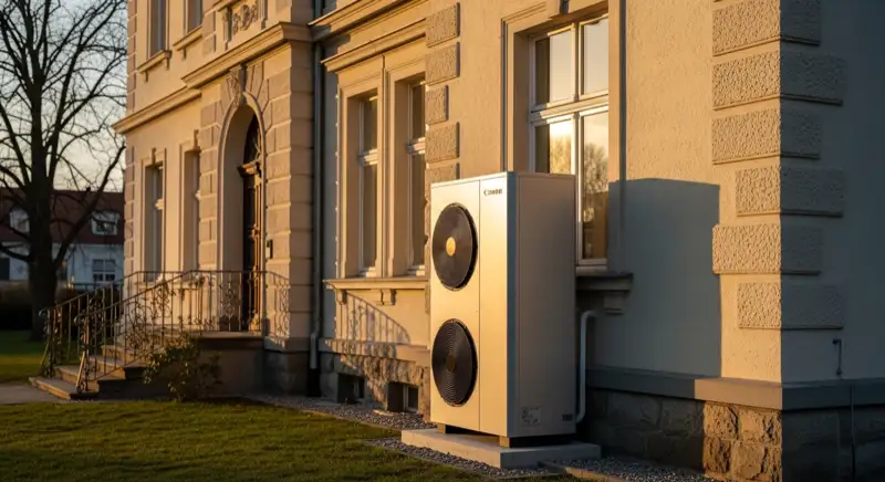 Gründerzeit-Villa in Leipzig Gohlis mit moderner Luft-Wasser-Wärmepumpe vor der charakteristischen Stuckfassade